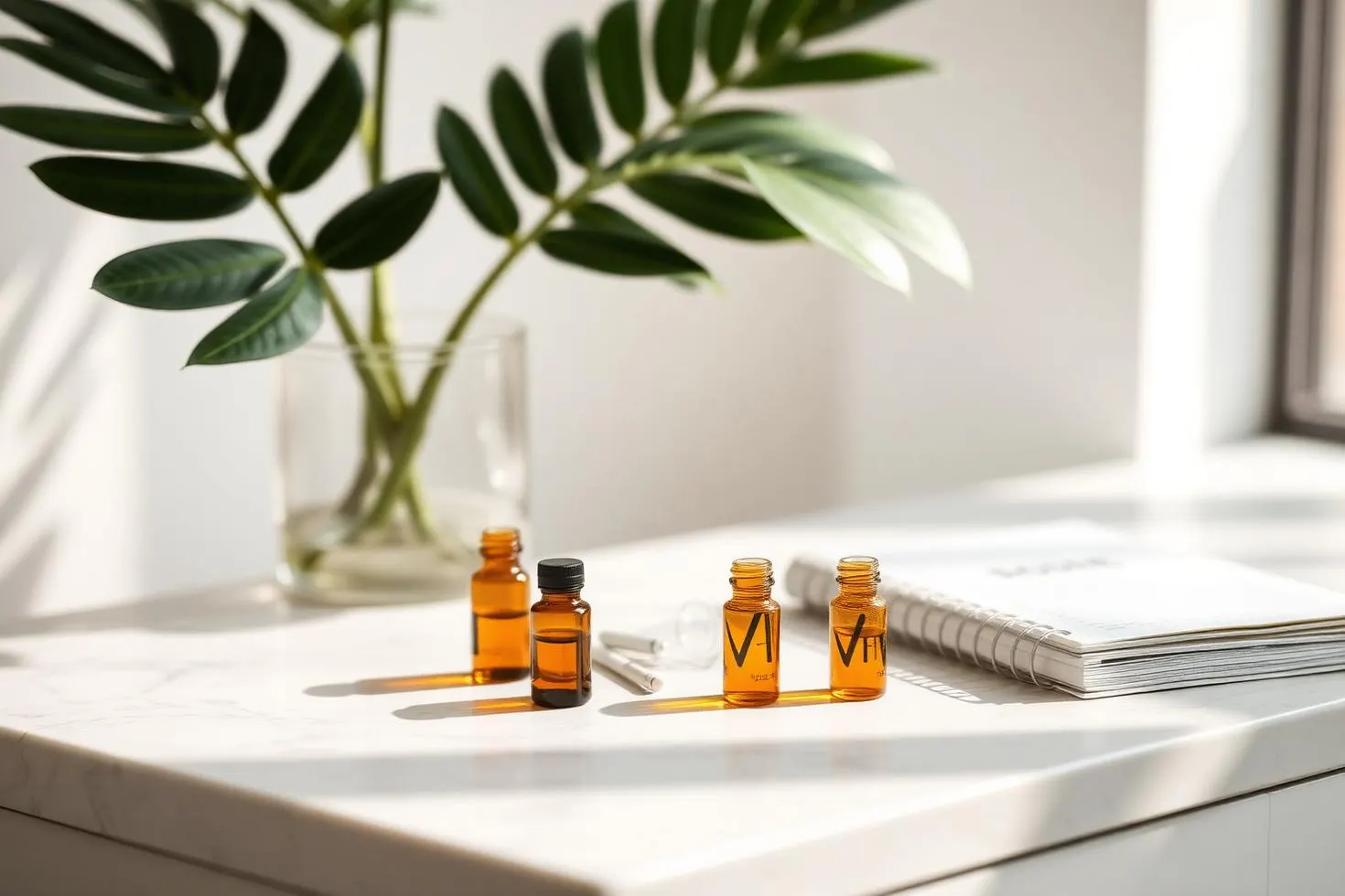Amber peptide vials and a clinician's notebook on a bright marble counter