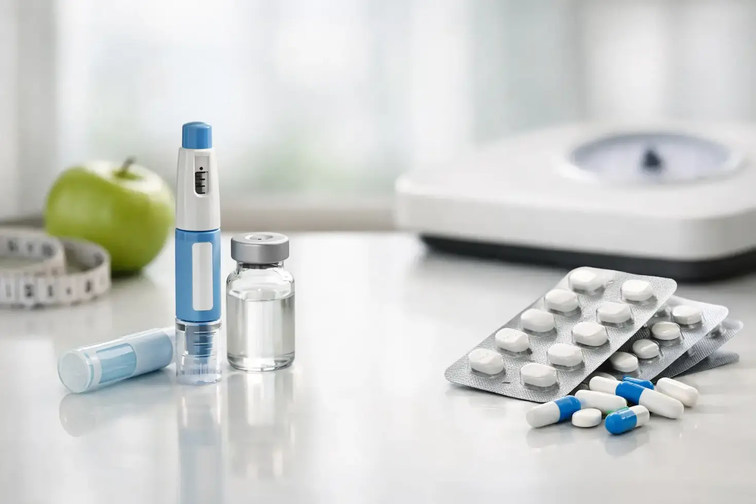 Weight loss medication options arranged on a bright surface