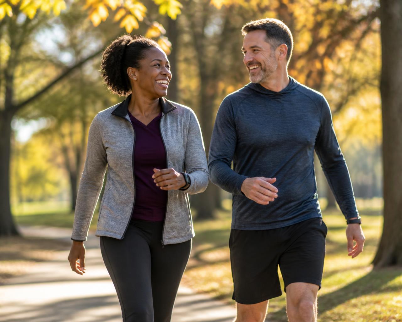 Middle-aged couple walking outdoors together