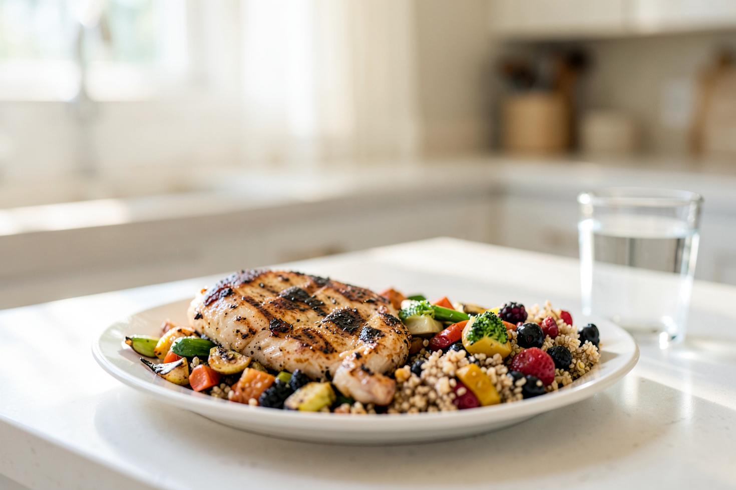 Balanced high-protein plate with grilled chicken, roasted vegetables, quinoa and berries on a sunlit kitchen counter