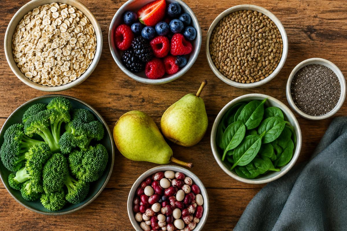 Bowl of high-fiber foods including oats, berries, lentils and chia seeds supporting digestion and weight loss in Stroudsburg PA