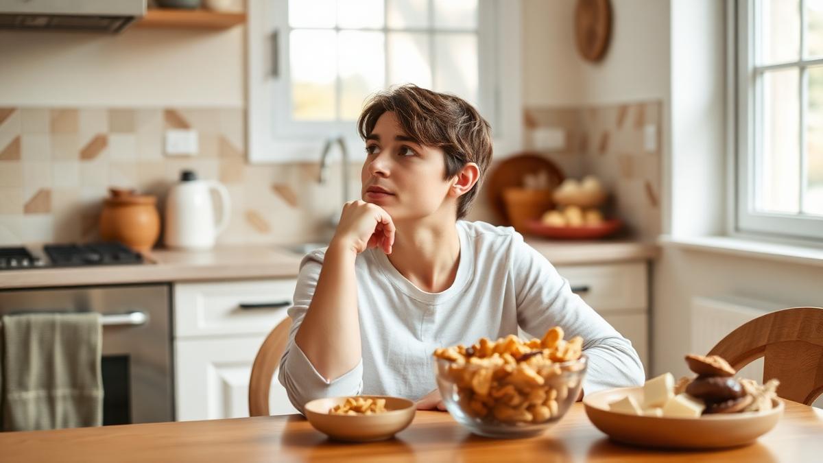Person sitting at a kitchen table looking away from a bowl of snacks