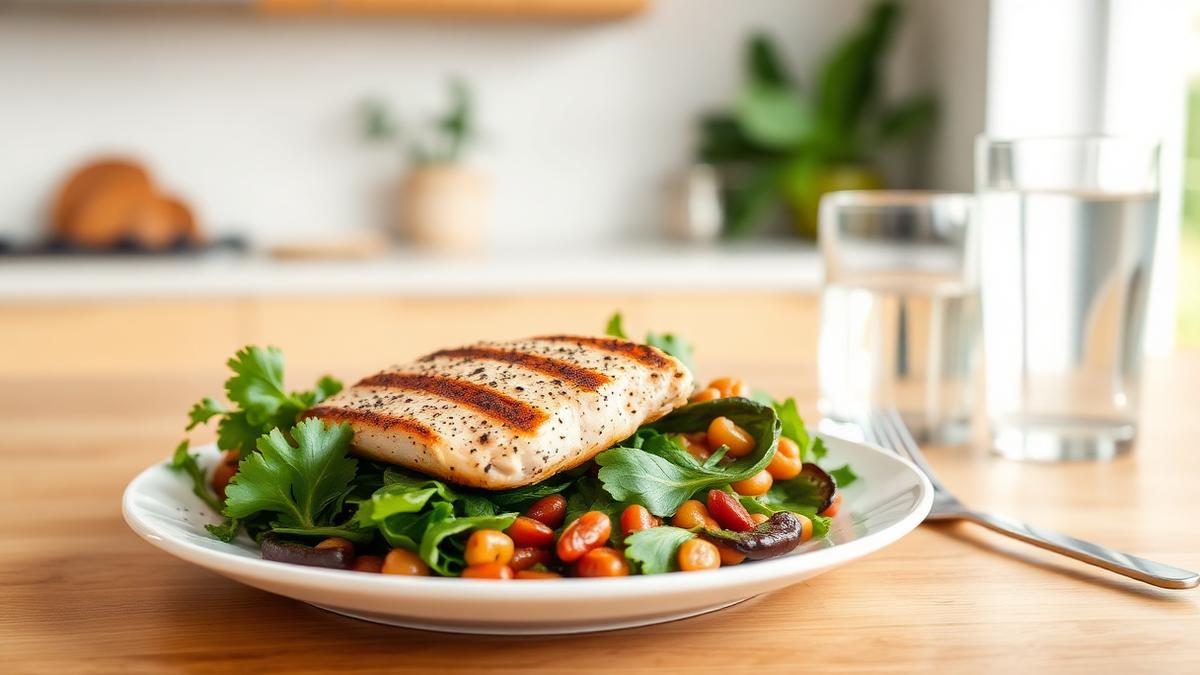 Balanced high protein plate with grilled chicken, greens and beans
