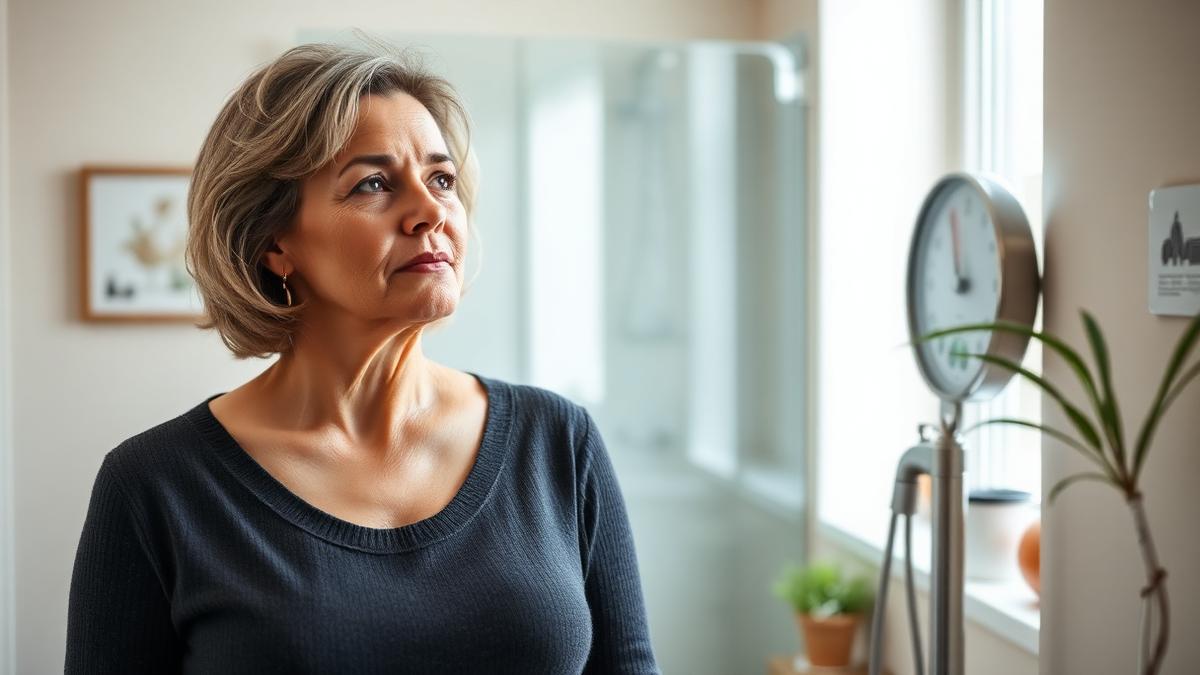 Woman standing near a bathroom scale in a bright home, looking thoughtful