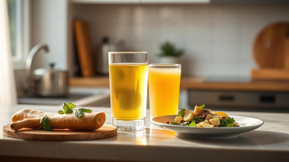 Glass of water, ginger tea and a light meal on a kitchen counter