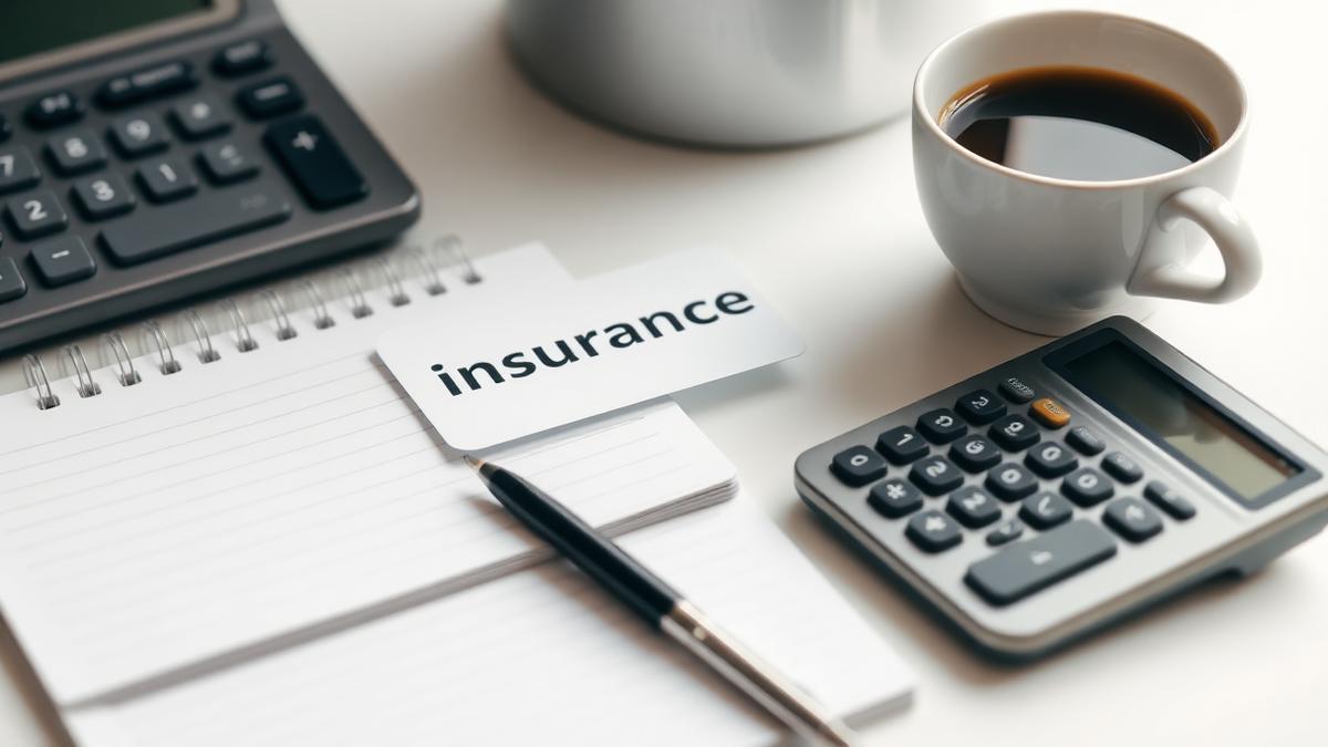 Insurance card, notepad and calculator on a desk beside a coffee cup