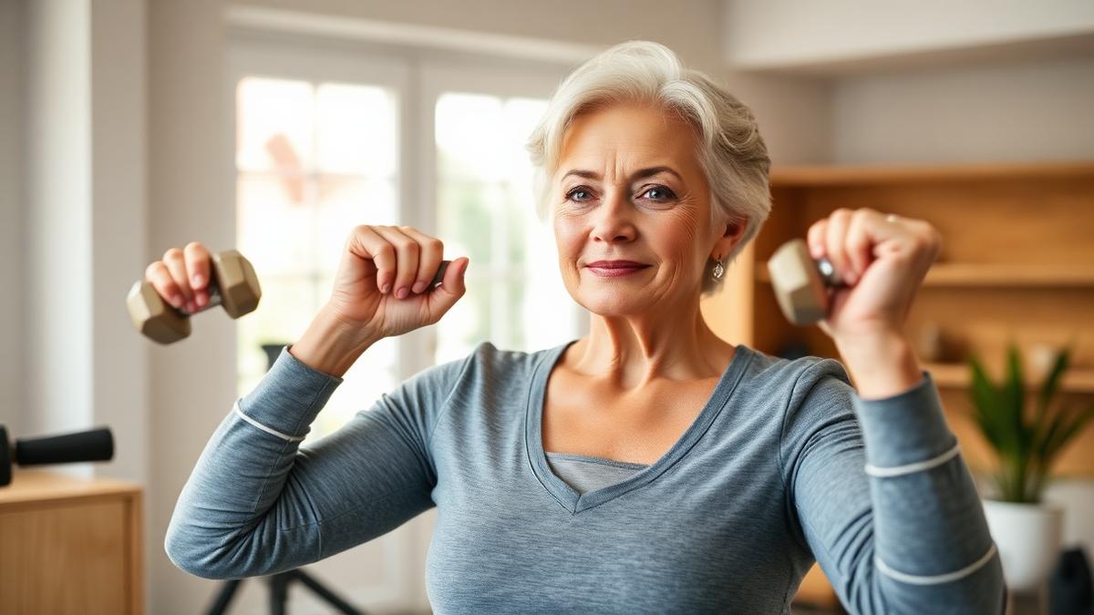 Woman in her fifties lifting dumbbells in a bright home gym