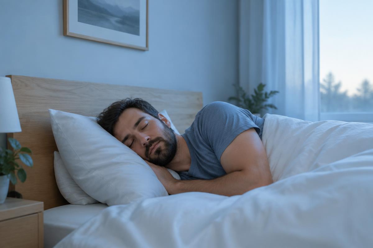 Person sleeping peacefully in a dark bedroom representing the link between sleep quality and weight management in Stroudsburg PA