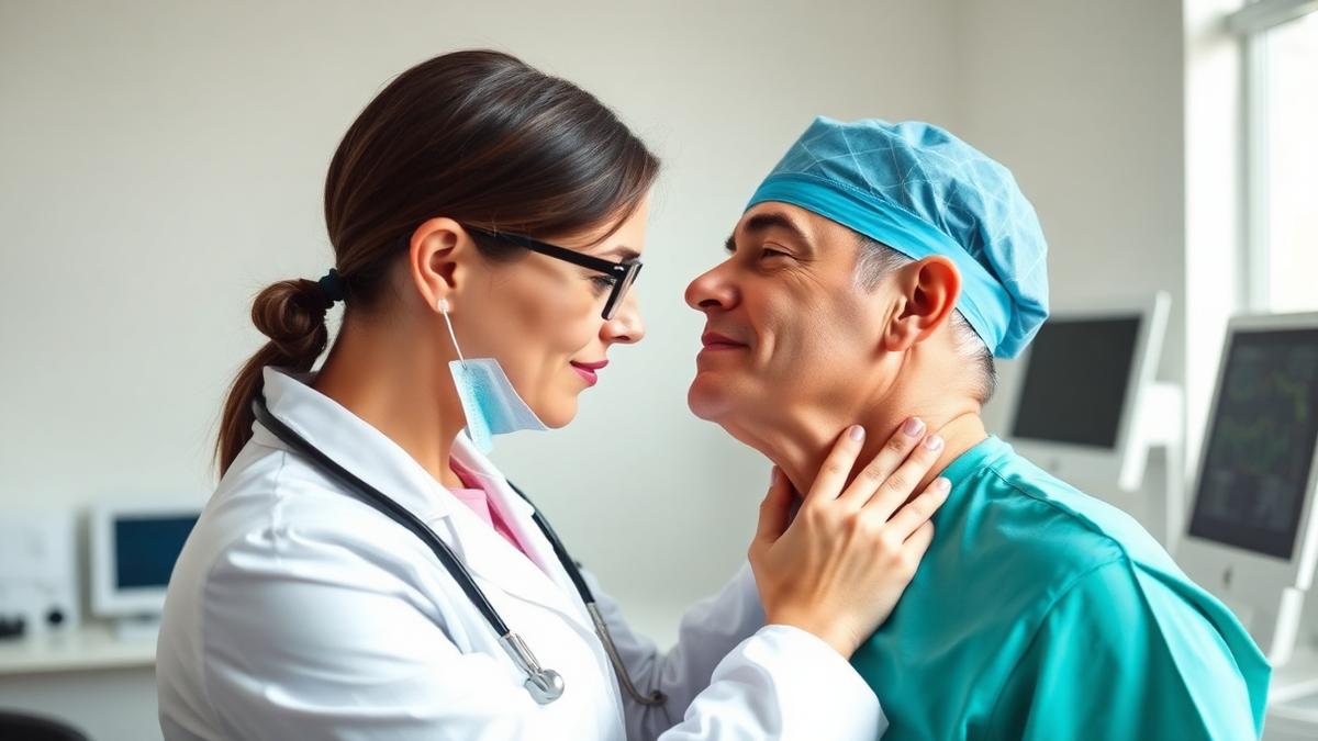 Clinician examining a patient's thyroid area in a bright exam room