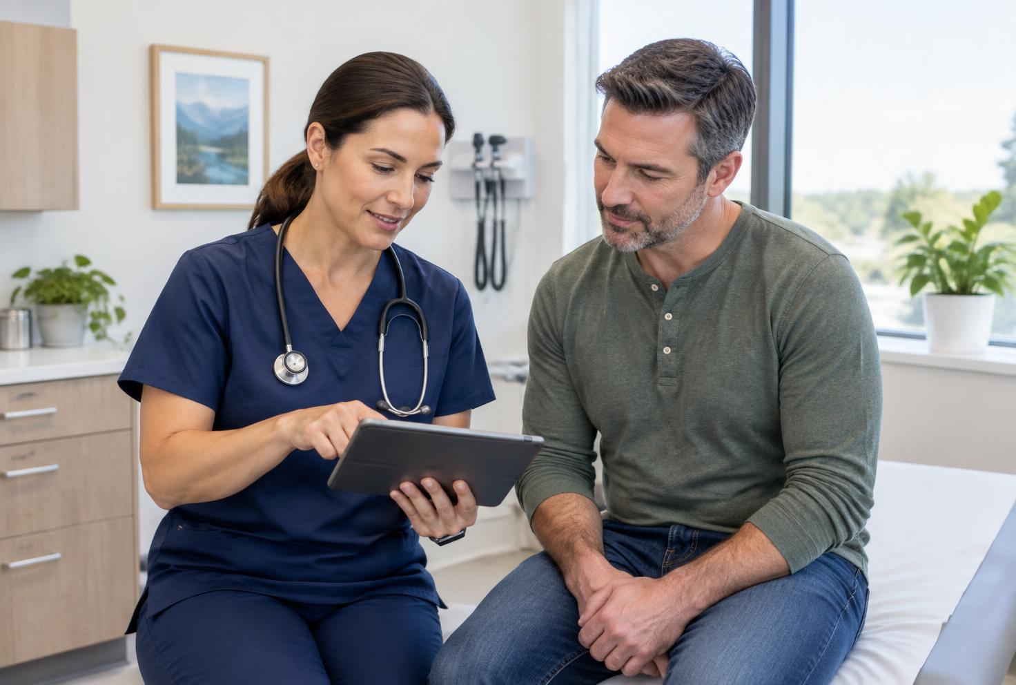 Female nurse practitioner meeting with a male patient, illustrating a first TRT consultation in Stroudsburg PA and the Poconos