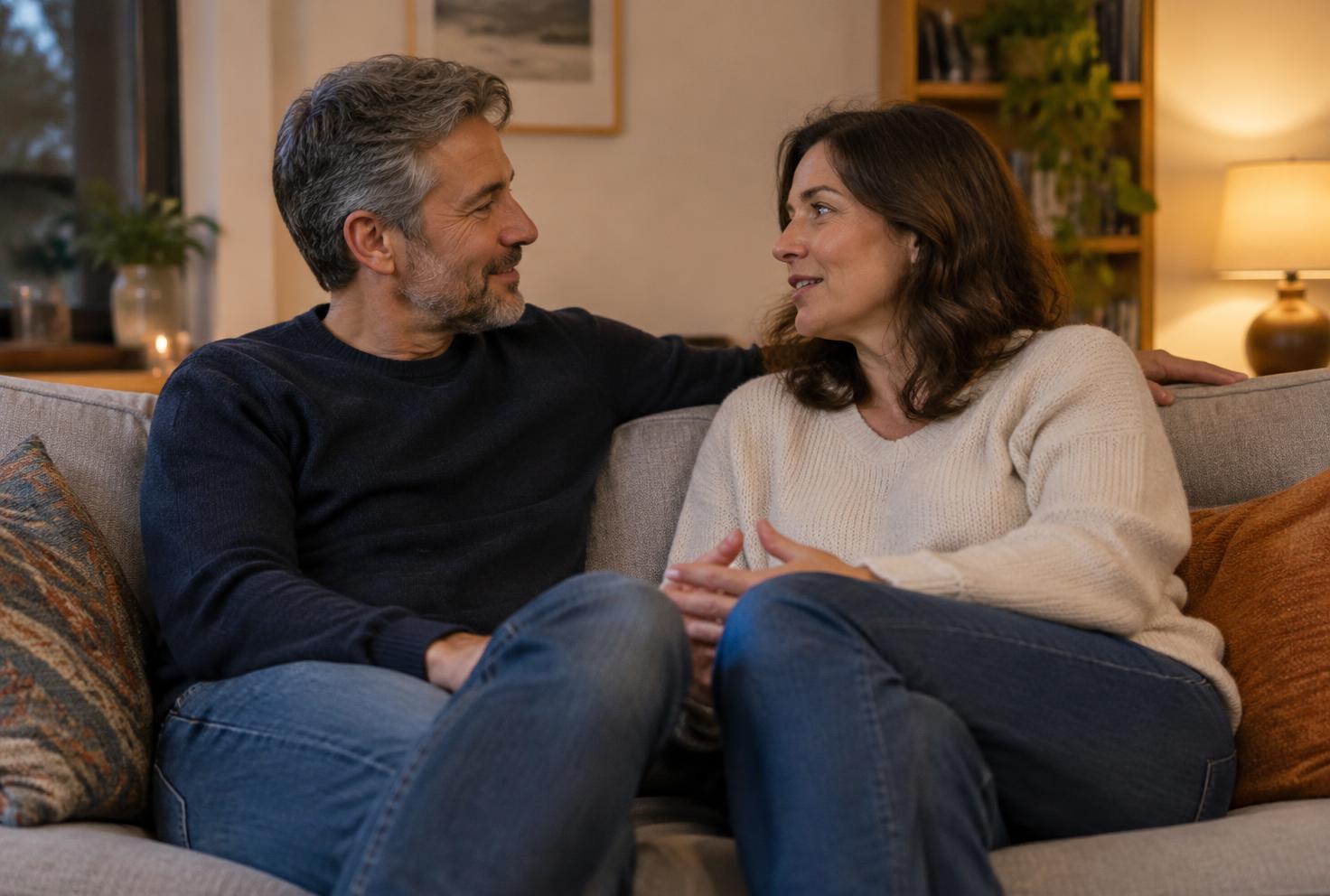 Couple sitting together on a sofa, illustrating supportive low libido and hormone health conversations in Stroudsburg PA