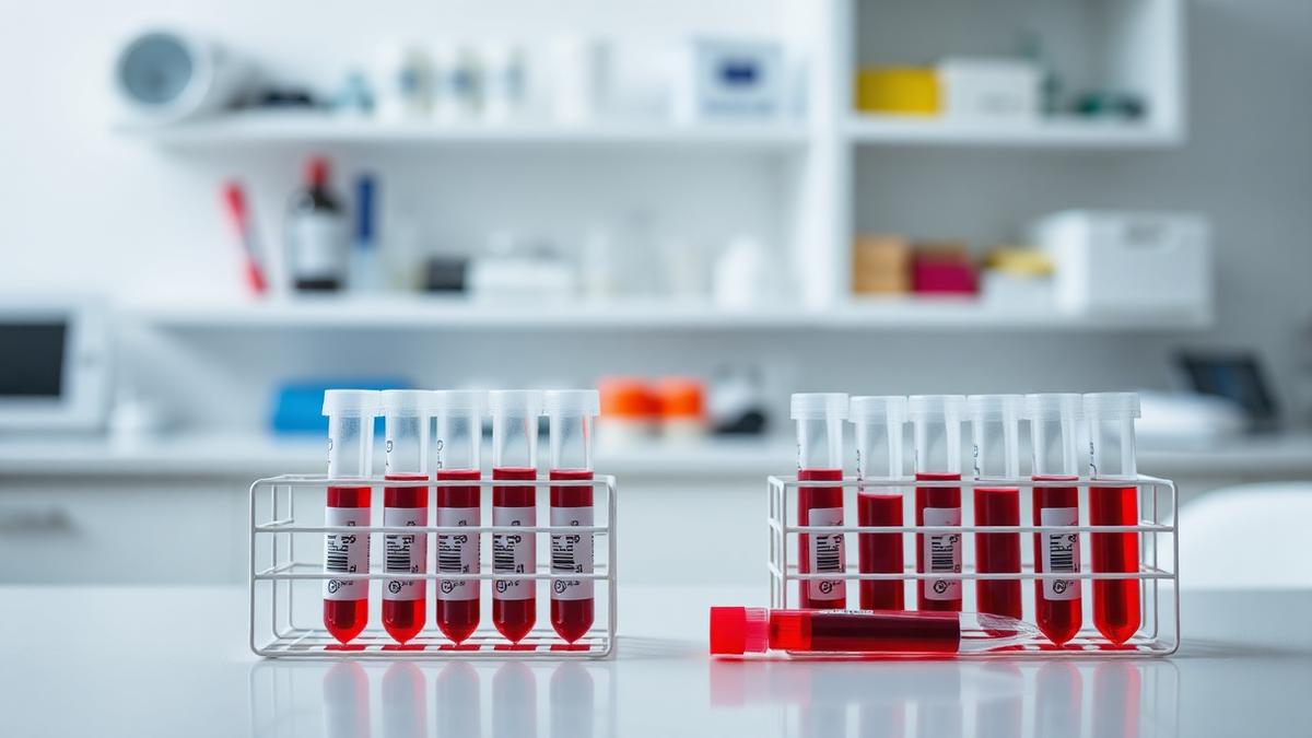 Blood collection tubes in a rack on a bright clinic counter
